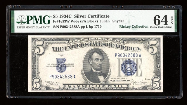 DBR $5 1934-C Silver Fr. 1653W PA Block Wide Face PMG 64 EPQ Serial P90342588A