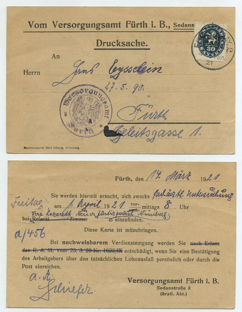 73576 - Mi.Nr. 38 - Postkarte Versorgungsamt - Fürth 14.3.1921