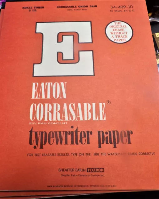 Eatons Corrasable Onion Skin Typewriter Paper 8.5 x 11  9 Lb Kokle 60 Sheets Vtg