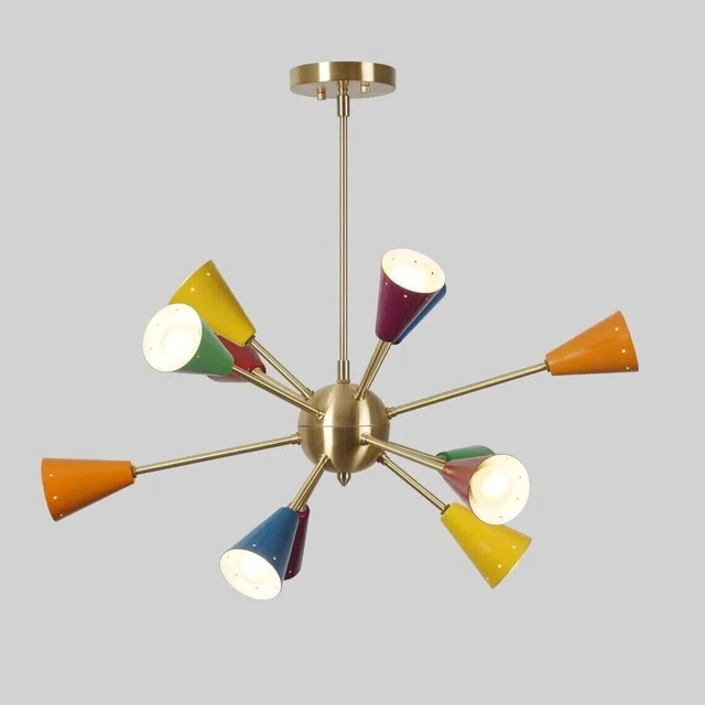 Lustre Spoutnik moderne en laiton à 6 lumières avec abat-jour en verre