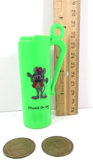 2 Vintage Chuck E Cheese Game Tokens Lot And 1 Token Green Holder