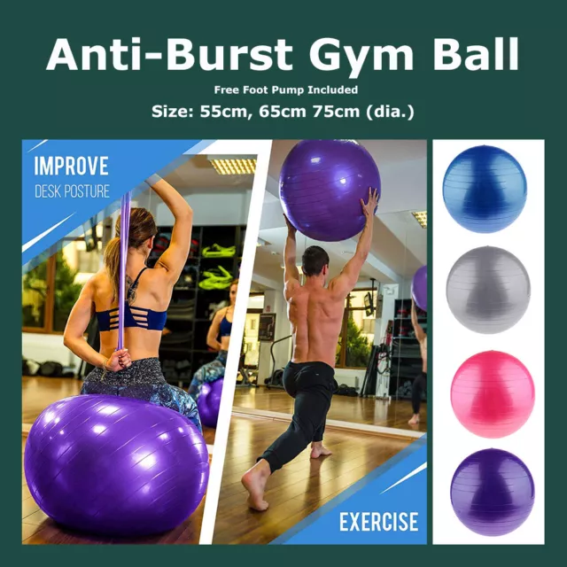 55cm, 65cm, 75cm Anti-Burst PVC Gym Ball Foot Pump Included Sports Exercise Ball