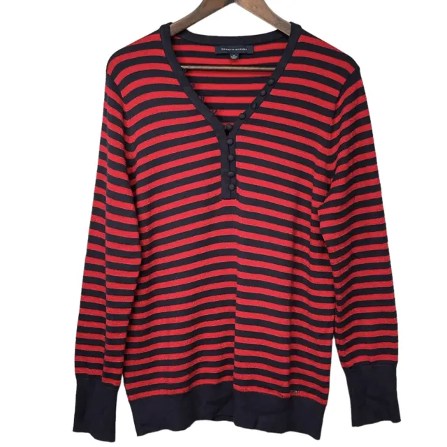 Tommy Hilfiger Long Sleeve Shirt Women Size XL Red Stripe, Banded Cuff and Hem