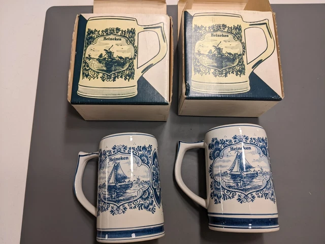 Blue Delft Heineken Holland Dutch Windmill Beer Stein Mug-2 Vintage Hand Painted