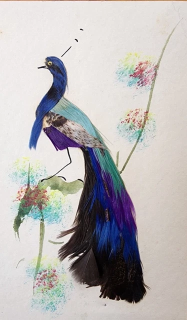 Vintage Peacock Card Watercolor Handmade Painted Real Feathers Mexico A-Peacock