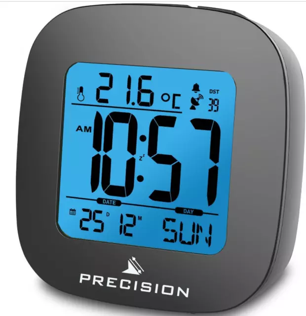 Precision AP054 Radio Controlled LCD Backlit Temperature Alarm Clock BLACK-WHITE