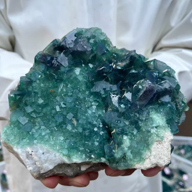 2.2lb Natural green cube fluorite quartz crystal cluster mineral specimen