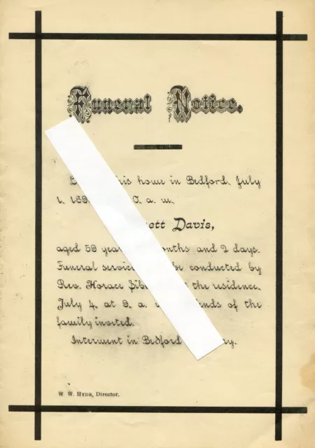 Vintage Funeral Card Notice Bennett Davis