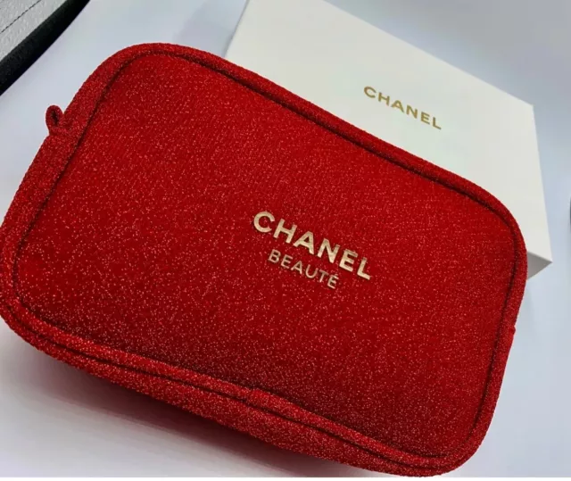 CHANEL Beaute Cosmetic Makeup Bag Pouch Clutch Sparkling RED GOLD w/ gift box
