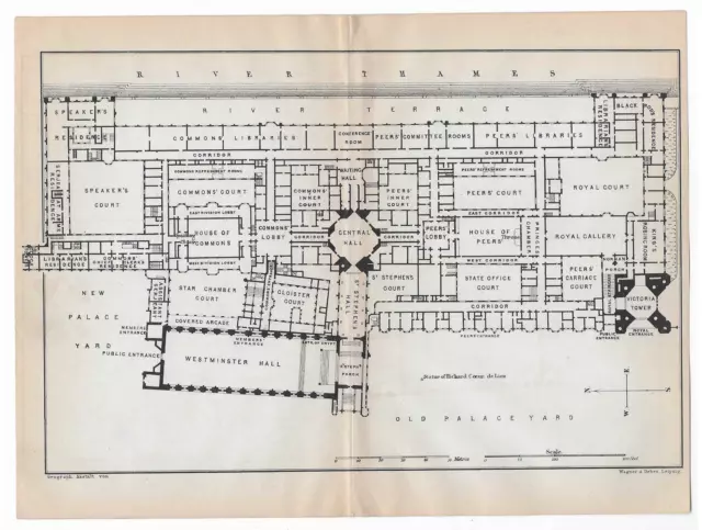 Antique Map of London Palace of Westminster Plan Thames