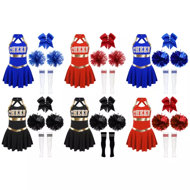 Kids Girls Cheer Leader Costume Cheerleading Dress with Pom Poms Socks Headwear