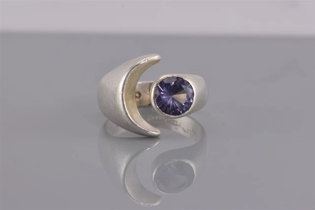 Taxco Sterling Silver Solid Crescent Moon Purple Sapphire Band Ring 925 Sz: 8