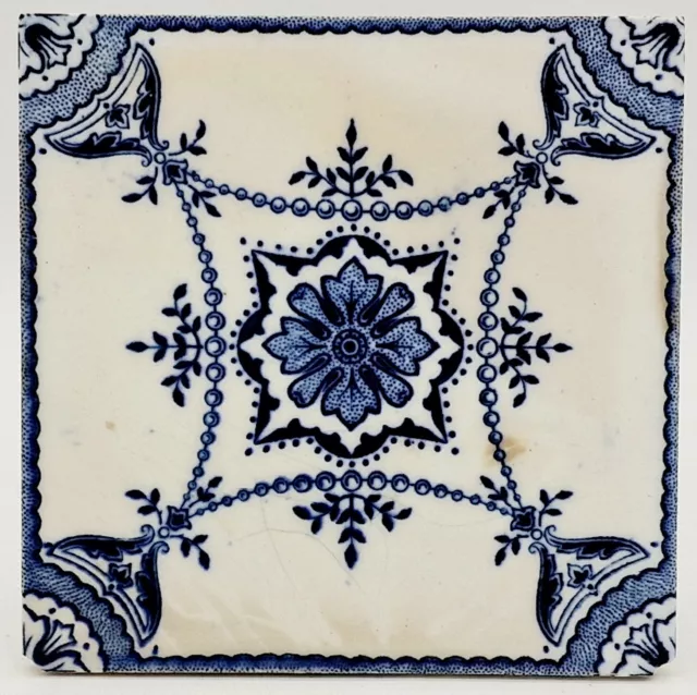 Antique Minton Hollins & Co Tile Aesthetic Movement Blue & White C1885 AE2