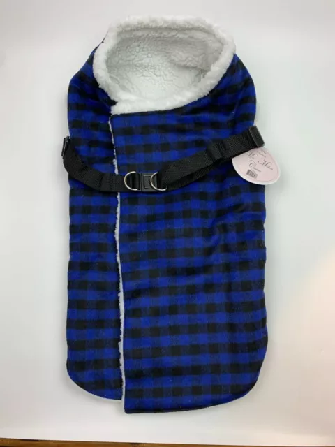 DOGGIE DESIGN Blue & Black Plaid Dog Sherpa Jacket Coat Size XL 45-60 pound dogs