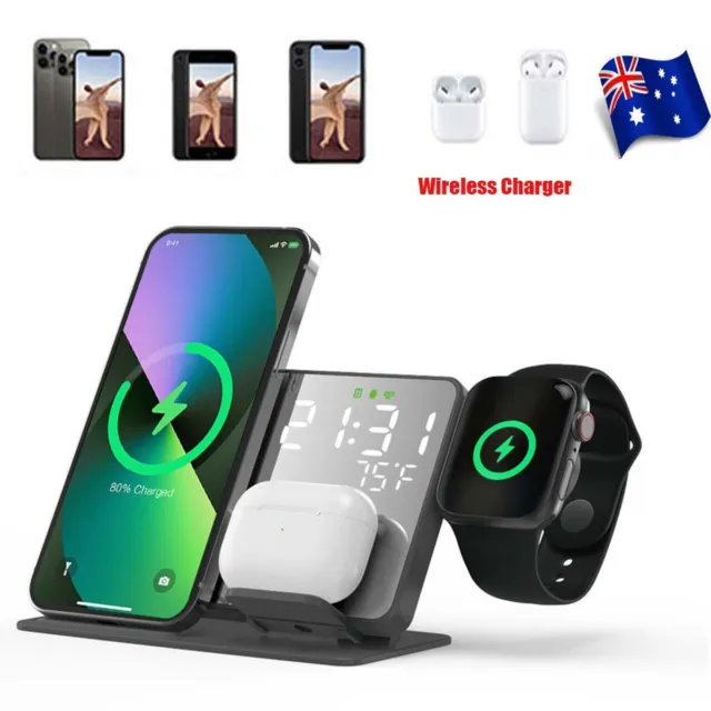 Wireless Charger Dock Charging Station 15W For Watch iPhone w/ Alarm Clock