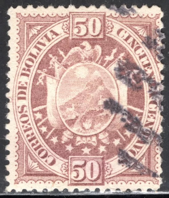 Bolivia Stamp Scott #45, 50c, Coat of Arms, Claret, 1894, Used, SCV$20.00