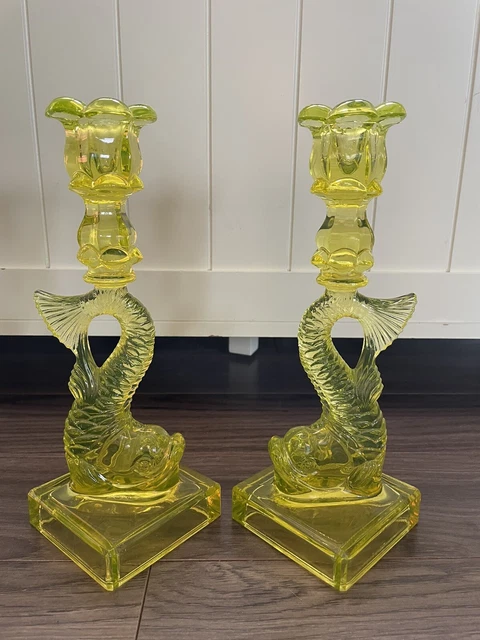 Imperial Vaseline Glass Koi Fish Dolphin Candlestick Candle Holders EmbossedMMA
