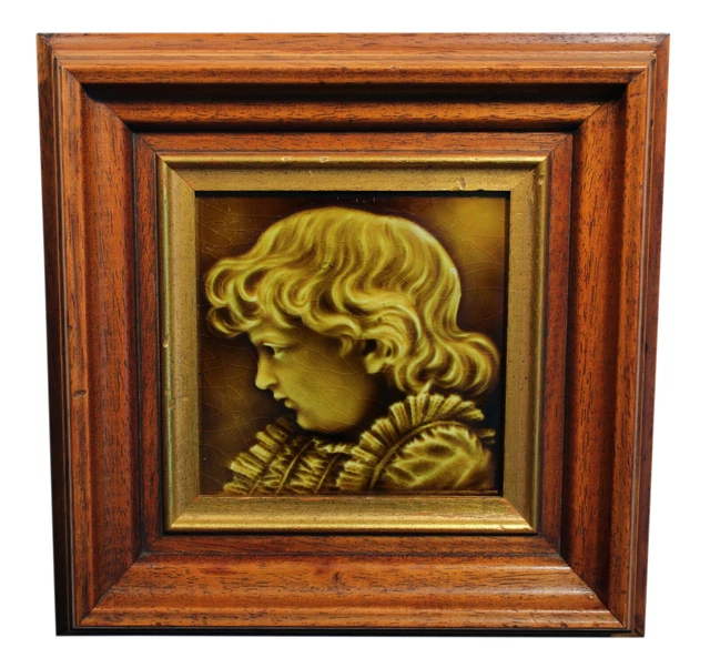 Framed Antique Trent Nj Majolica Glaze Portrait Tile Child Victorian Art Pottery