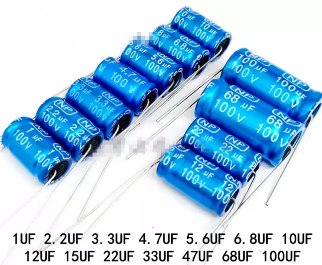 10Pcs 100V Non-Polarized Electrolytic Audio Axial Lead Capacitor 1 2.2 68-100uF
