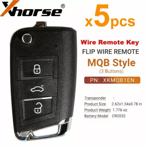 5× Xhorse Wire Remote Key For MQB Style 3 Buttons XKMQB1EN for VVDI Key Tools