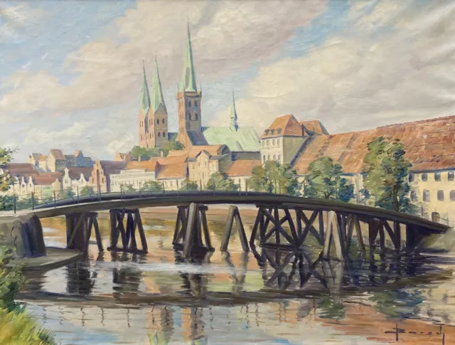 Ölbild Impressionist Stadtansicht Lübeck Malerwinkel Dankwartsbrücke Borsch sign 3