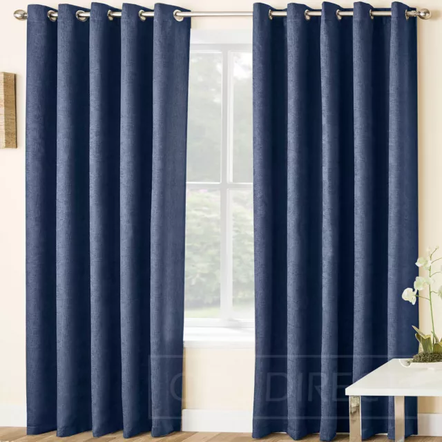 Pair of Plain Embossed Blockout Thermal Eyelet Ring Top Curtains, Navy Blue