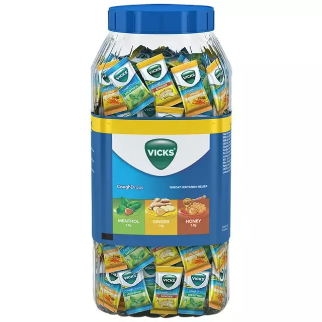 Vicks Toux Gouttes Assorti Pot, 200 Pastilles, Menthol, Miel & Gingembre Parfum