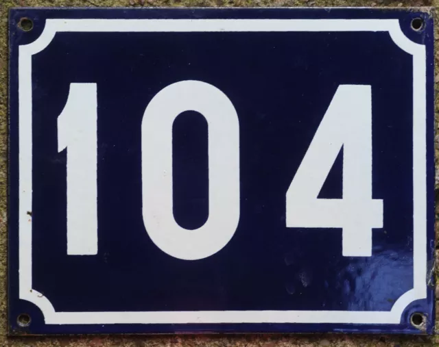 Large old blue French house number 104 door gate plate plaque enamel sign NOS