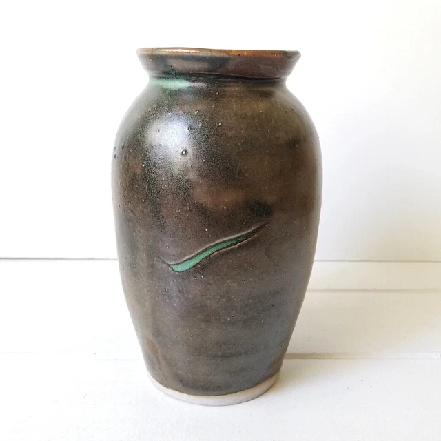 Studio Pottery Vase Urn Planter Jar Pot, Dark Drip Glaze, Japandi Scandi