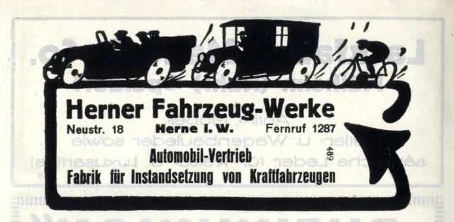 Herner Fahrzeug- Werke Herne i.W. Automobil- Vertrieb Historische Reklame 1925