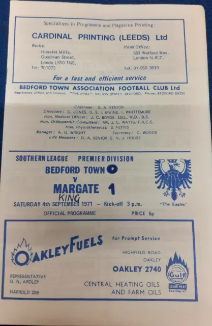 Bedford Town v Margate Southern Lge Prem Div Football Programme 04/09/71