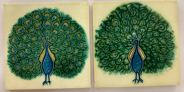 Tiles 2 Pc Set Dancing Peacock Saji Japan Rare Antique Vintage Collectible