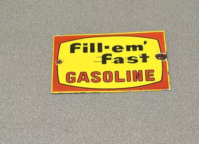 Vintage Fill-Em-Fast Porcelain Sign Car Gas Oil Truck