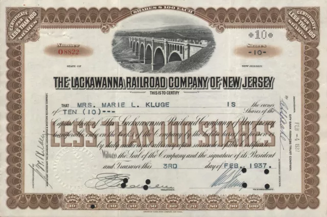 USA LACKAWANNA RAILROAD COMPANY OF NEW JERSEY stock certificate