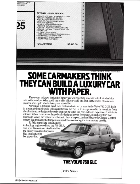 1989 Volvo Dealer Display Ad Mini Poster 760 GLE Build A Luxury Car With Paper