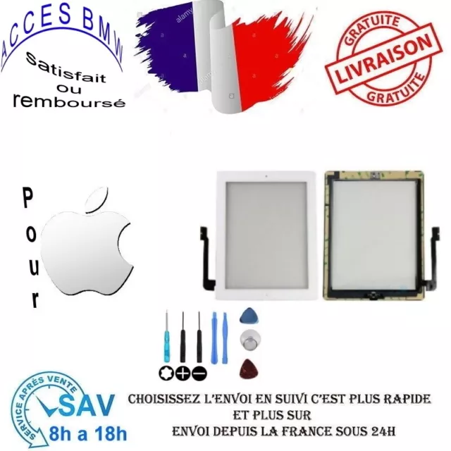 Vitre tactile iPad 4 Blanc A1458 Wifi 3G + Bouton Nappe Home + Joint + Adhésif