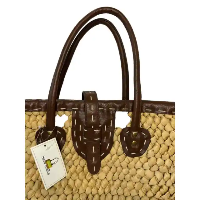 NWT Straw Studios Vegan Women's Brown Leather Straw Double Handles Tote Bag 3