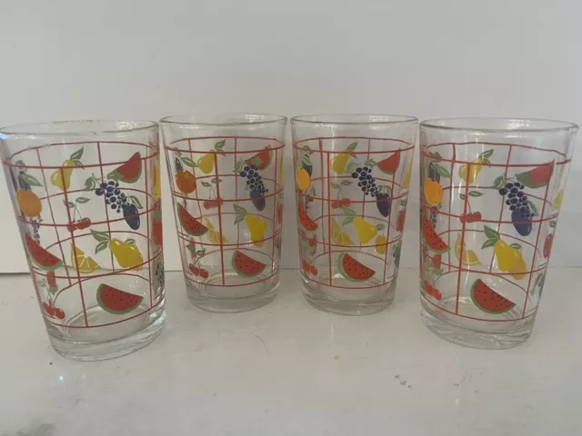 Vintage KIG Indonesia Fruit Window Panel juice  Glasses Set of 4 Holds 6-8 Oz