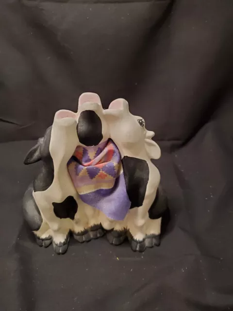 Vintage Ceramic 3 Sitting Singing Cows Figurine Porcelain White & Black Holstein