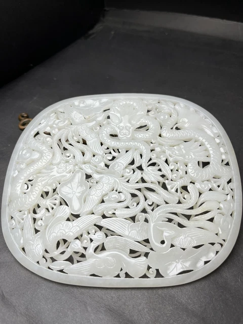 Chinese Exquisite Handmade Dragon Phoenix carving Hetian Jade Statue Pendant