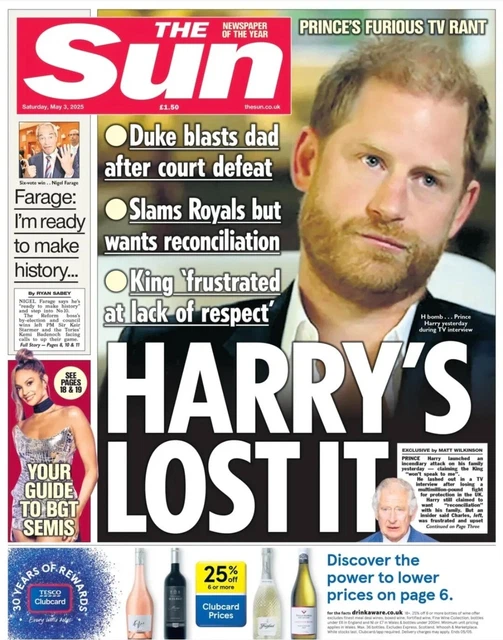 THE SUN NEWSPAPER (UK) - 3rd May 2025 - Prince Harry TV Interview £5.99 ...