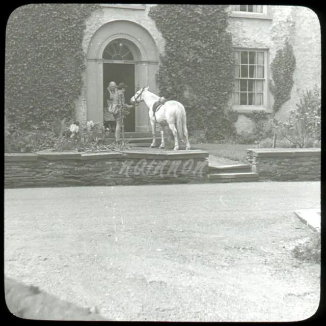 Magic Lantern slide - IVY HOUSE -Horse & Rider at front door, HAWKSHEAD, Cumbria