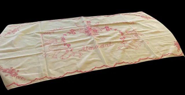 Hungarian Vtg Pink Redwork Hand Embroidery Pillow Layover ANGELS Dreams Linen