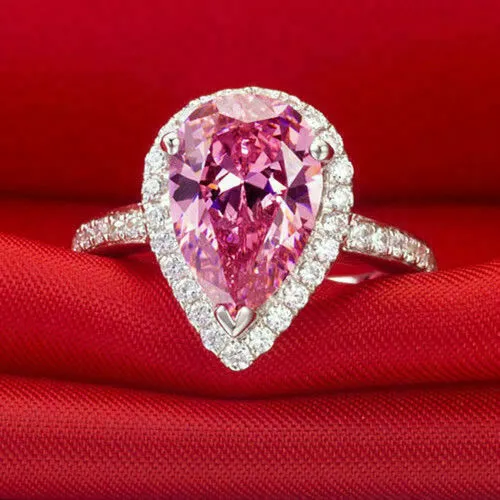 Bague de fiançailles halo en argent 925, saphir rose, taille poire, 2,45...