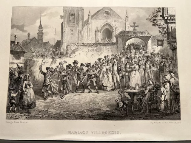 Mariage Villageois 1860 Antike Illustration Stahlstich Kupferstich Lithografie