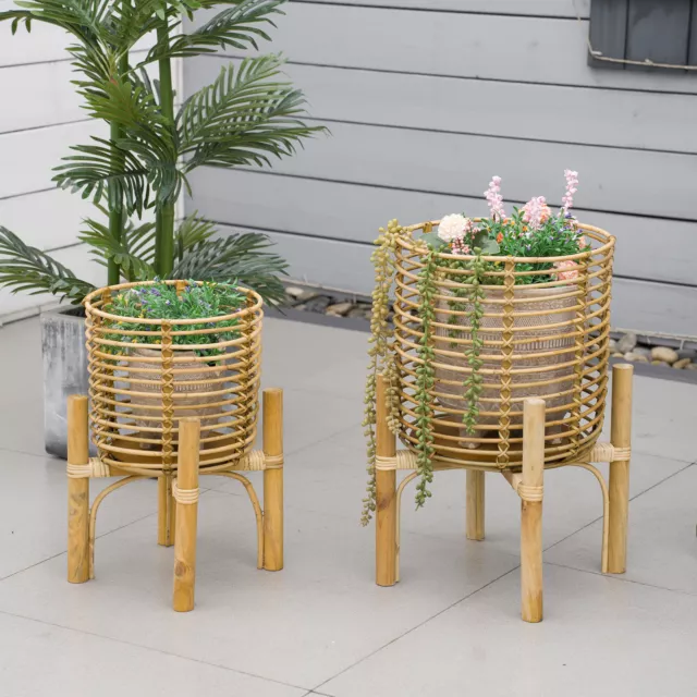 Outsunny Rattan Pflanzenständer, 2er-Set Blumentopfständer, Runder Blumenständer