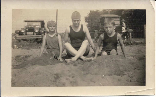 People at Beach By Old Cars 1920s Vintage Swimwear Fashion 2 7/8 x 4 5/8