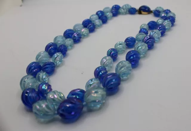 50's Double Strand Shades of Blue Molded Lucite Necklace Swirled Beads 21in
