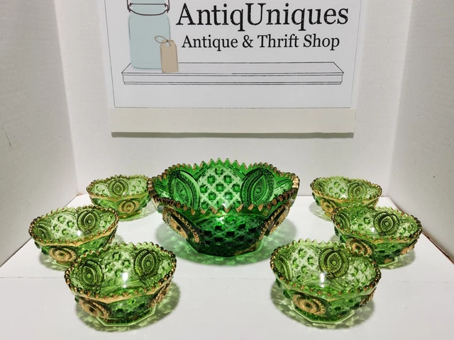 Northwood Emerald Green Berry Bowl Set 1 master 6 bowls Gold Trim c. 1907-12
