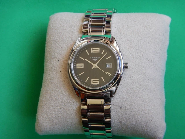 Longines Acciaio Lady Quadrante Nero Zaffiro Cristallo Stato Nuovo Scatola Carta